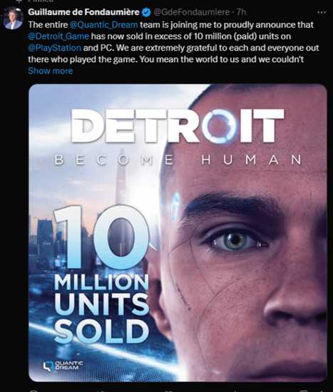 重大里程碑！《底特律 化身为人》销量突破1000万套